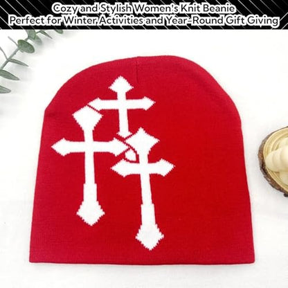 Fashion Knit Beanie with Cross Pattern Y2K Unisex Soft Jacquard Cap Popular Hip-Hop Cool Street Outdoor Sports Earflap Hat - color: Red