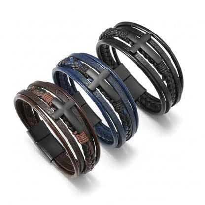 Stainless Steel Braided Leather Bracelet for Men Cuff Bangle Cross - color: 3 Colors&Black Cross