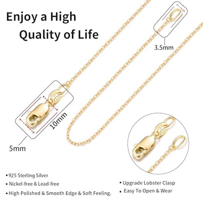 Jewlpire 18k Gold Plated 925 Sterling Silver Chain Necklace for Women, 1.1mm Cable Chains Necklace Thin & Dainty & Sturdy Women's Chain Necklaces, 14/16/17/18/20/22/24 Inches - color: Gold, size: 14 Inch