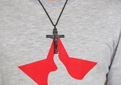 Rnivida Natural Wooden Crucifix Cross Necklace for Men - Handmade Adjustable Rope Chain with Large Religious Pendant, Catholic Christian Spiritual Jewelry Gifts - color: Black