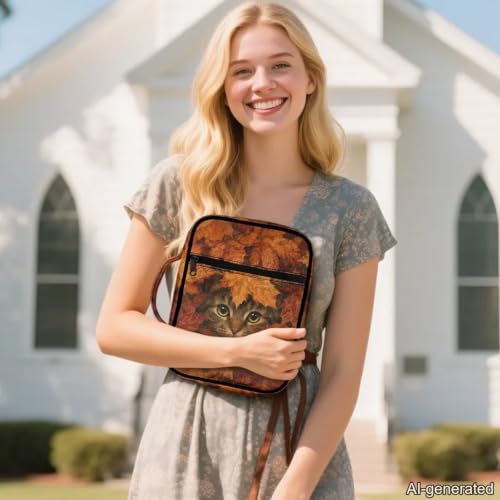 Suobstales Cat Maple Leaves Pattern Bible Cover Carrying Book Case for Women Men Thanksgiving Lightweight Bible Bag Bible Protective with Handle and Zippered Pocket - color: Cat Maple Leaves