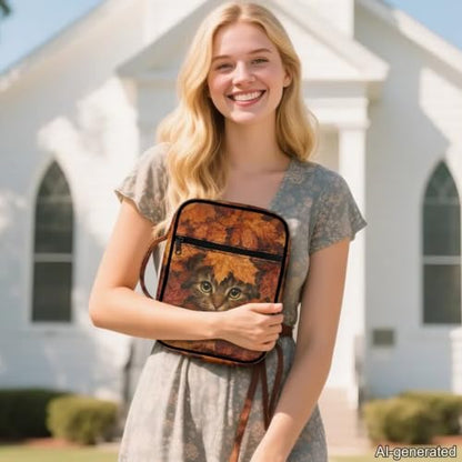 Suobstales Cat Maple Leaves Pattern Bible Cover Carrying Book Case for Women Men Thanksgiving Lightweight Bible Bag Bible Protective with Handle and Zippered Pocket - color: Cat Maple Leaves