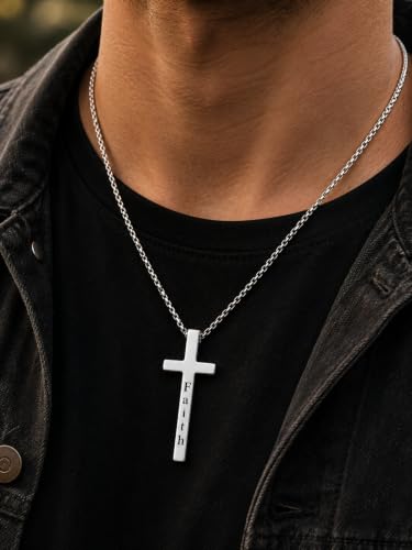 Engraved Cross Necklace for Men, Women & Boys & Girls Cross Necklace, Stainless Steel Cross Pendant Necklace, Faith & Inspiration Christian Jewelry Gift - color: Faith