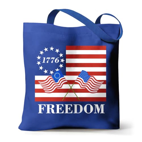 Canvas Tote Bag with Zipper, Halloween Trick or Treat Bags for Kids Bulk - color: [A0] Freedom - Blue