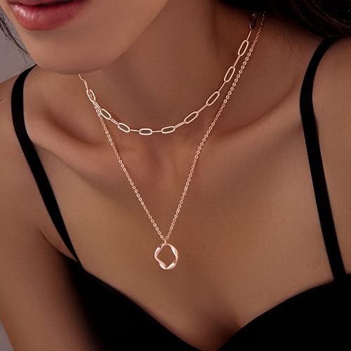 Poxtex Layered Gold Necklaces for Women, Stackable Dainty 14K Gold Silver Plated Trendy Simple Heart Diamond Cross Bow Circle Pendant Paperclip Choker Dot Chain Necklace,Jewelry Set Gifts for Women - color: Rose Gold, style: Circle1