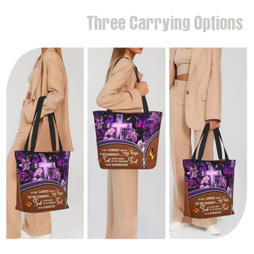 Tote Bag For Women, Tote Bag With Zipper Large Shoulder Bag For Women Travel, Work, Office, College, Nursing - color: Bible Cross