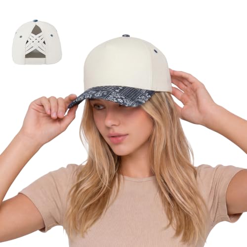 C.C Women's Criss-Cross Ponytail Trucker Hat - Snapback, One Size - color: Paisley-dk. Denim