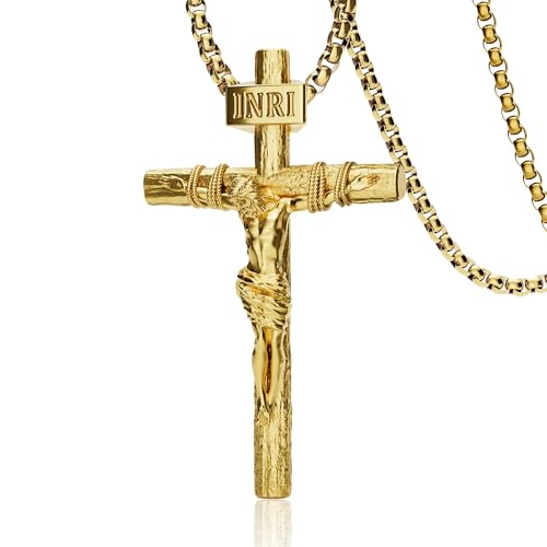 Crucifix Cross Necklace for Men and Women with Exquisite Jesus Pendant and Stainless Steel Chain 16-30 Inch - color: Yellow Gold, size: 22 Inch=56CM(Men's Average Length), style: Medium Pendant-1.8"x1.1"