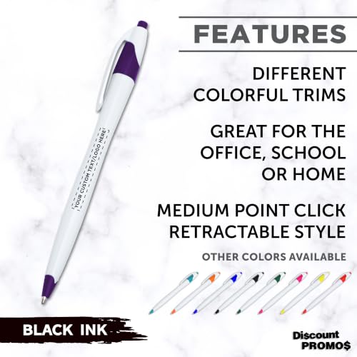 DISCOUNT PROMOS Personalized Ballpoint Pens, Bulk Packs of 4 to 5000 Pieces, Black Ink, Slim & Curvy Design, Retractable, Ideal for Office, Corporate Merchandise, Tradeshows - Purple - color: - Custom - Purple, size: Pack of 1 (Count options: 4–5,000)