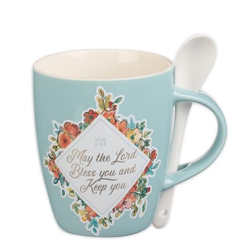 Christian Art Gifts Scripture Coffee and Tea Mug with Ceramic Spoon Set - color: Bless You/Teal