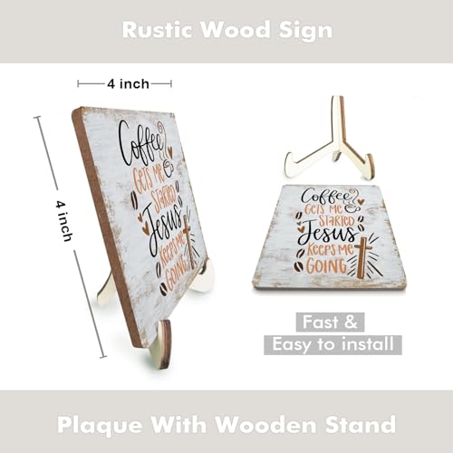 Inspirational Coffee Sign Rustic Desk Decor Decorative Christian Religious Bible Verse Faith Decoration for Home Farmhouse Bedroom Office Coffee Bar Table Shelf Tiered Tray Plaque with Wood Stand - color: multicolour0345