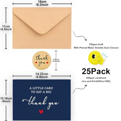 WowBefun 25 Pack 350GSM | Thank You Cards with Envelopes | Small Thank You Notes for Teacher, Graduation, Business, Holiday, and Christmas | Gifts | Teacher Appreciation Cards - color: C Style 25pc