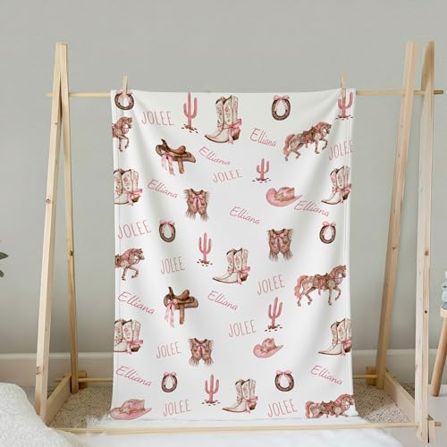 Personalized Western Girl Baby Blanket, Pink Pony Boots Ribbon Pattern Design, Custom Name Toddler Kids Throw, Cowgirl Nursery Decor, Baby Girl Gift - color: Western Girl Baby Blanket
