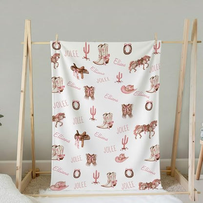 Personalized Western Girl Baby Blanket, Pink Pony Boots Ribbon Pattern Design, Custom Name Toddler Kids Throw, Cowgirl Nursery Decor, Baby Girl Gift - color: Western Girl Baby Blanket