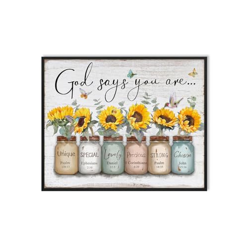 God Says You Are Wall Art: Christian Wall Art Framed Inspirational Quotes Bible Verse Wall Decor for Living Room Bedroom,Sunflower Pictures Religious Scripture Wall Art Prints Posters 12"x15" - color: Sunflower, size: 12"L x 15"W