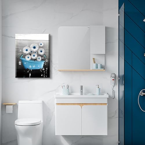 QPOKLAF Blue Bathroom Wall Art Canvas Prints Farmhouse Wall Deocr,Blue Tub Flower Posters Washroom Aesthetic Decoration 12x16inch Framed - color: Blue Tub Flower Farmhouse Wall Deocr (Ready to Hang)
