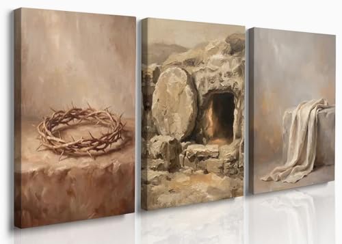 Reateforin Christian Easter Jesus Canvas Wall Art Christ Jesus Leaves the Tomb Wall Decor Painting Religion Bible Savior Resurrection Poster Print Picture for Church Prayer Room Living Room 12"x16" - color: brown gray christian art, size: 12x16 inches, 3