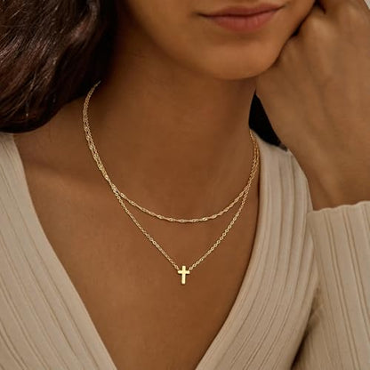 Cross Necklace for Women 14K Gold Silver Plated Small Cross Necklace Dainty Cross Pendant Choker Simple Trendy Cute Sideway Cross Charm Chain Necklaces for Women Trendy Christian Baptism Religious Faith Jewelry Gifts - size: Gold-104