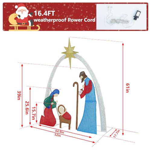 Yardenaler 5FT Lighted Nativity Scene with 170 LED Lights for Christmas Decoration, Pre-Lit Iridescent Nativity Scene Xmas Decor, 3D Glittered Standing Holiday Display for Outdoor, Indoor, Multi color - color: Multicolor
