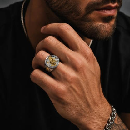 Mens St Michael Ring Stainless Steel Two Tone Archangel Saint Michael Protect Us Cross Signet Ring, Heavy Vintage Religious Biker Amulet Jewelry for Men Police Military