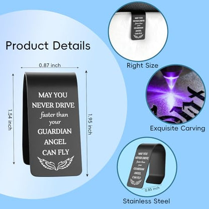 May You Never Drive Faster Than Your Guardian Angel Can Fly Engraved Stainless Steel Car Visor Clip, Christian Inspirational Gift for Women Men, Religious Safe Driving Reminder EDG23 - color: Black-G23