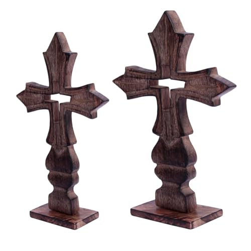 ZYNTIX Antique Mango Wood Wall Cross - Christian Wall Art Decor for Home, Religious Hanging Ornament, Handcrafted Decorative Piece for Living Room, Bedroom, or Office Set of 2 Small and Big