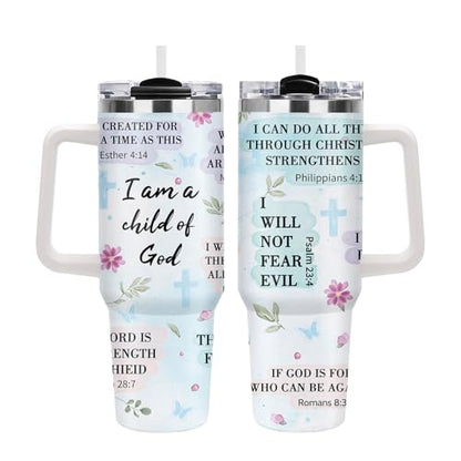 Christian Gifts for Women, 40oz Religious Tumbler with Handle , I Am a Child of God Stainless Steel Insulated Travel Mug, Mother's Day Birthday Inspirational Scripture Present for Mom Grandma Sister - color: Religious-D-276-E