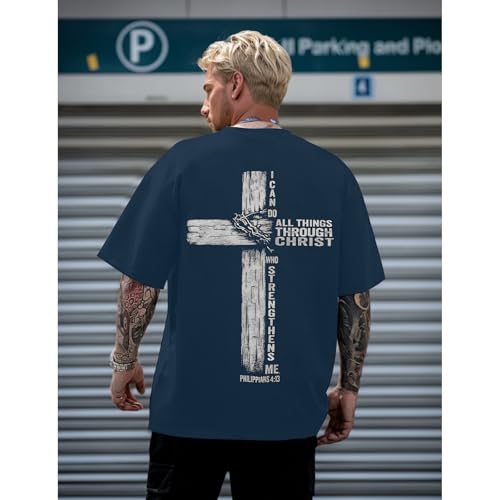 Christian Shirts for Mens Cross Jesus Graphic Tees - color: Blue, size: X-Large