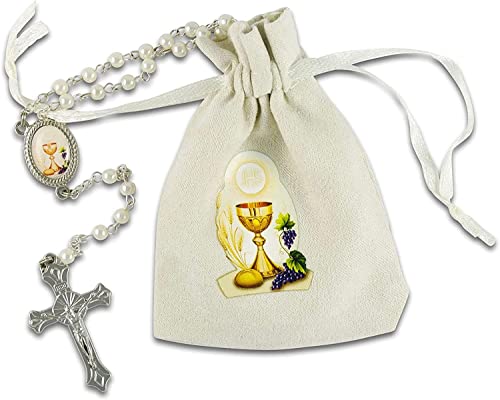 MaMeMi Rosary for Communion, White with Closure in Cloth Bag, Motif Chalice