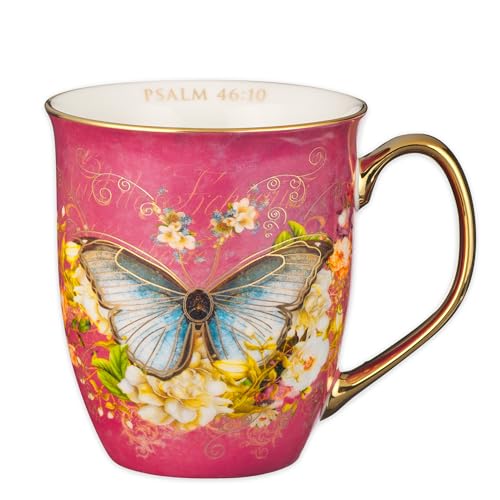 Christian Art Gifts Pink Butterfly Ceramic Coffee Mug, Psalm 46:10, 14 oz. - color: Pink/Be Still
