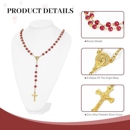 Red and Gold Pearl-Style Rosary Necklace with Metal Gift Box, 8mm, 22 Inch - color: Red
