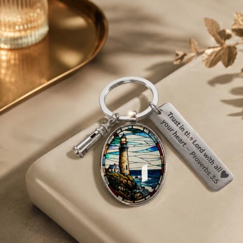 3D Glass Lighthouse Keychain with Bible Verses,Christian Gifts for Women Faith - color: Proverbs 3:5