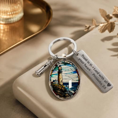 3D Glass Lighthouse Keychain with Bible Verses,Christian Gifts for Women Faith - color: Proverbs 3:5