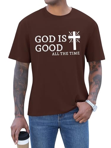 Mens Christian Shirts Shorts Sleeve Crewneck Jesus Cross Printed T Shirts Loose Graphic Tee - color: Brown, size: Medium
