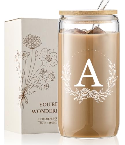 Personalized Gifts for Women, Monogrammed 16oz Glass Cups with Bamboo Lids and Straws, Customized Glass Tumbler, Cute Custom Mug, Customizable Initial Iced Coffee Glasses, Birthday Bridesmaid Mom, A - style: A