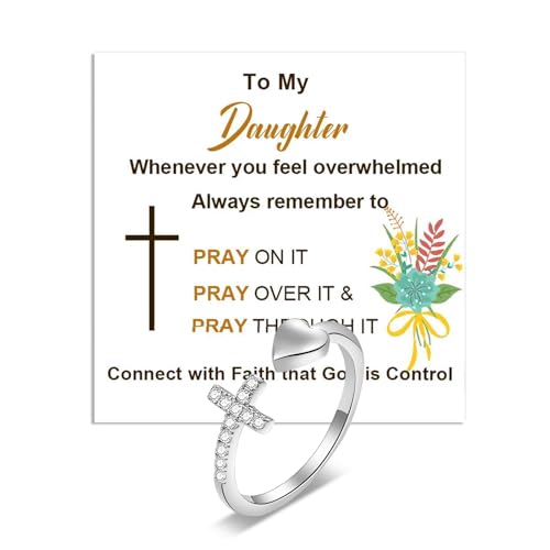 To My Daughter Ring from Mom 925 Sterling Silver Cross Ring Pray on/over/through It Rings Adjustable Anxiety Relief Rings Inspirational Cheer up Birthday Gifts for Daughter - color: A2:to my daughter ring
