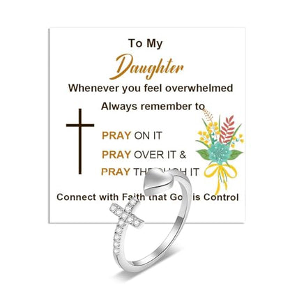 To My Daughter Ring from Mom 925 Sterling Silver Cross Ring Pray on/over/through It Rings Adjustable Anxiety Relief Rings Inspirational Cheer up Birthday Gifts for Daughter - color: A2:to my daughter ring