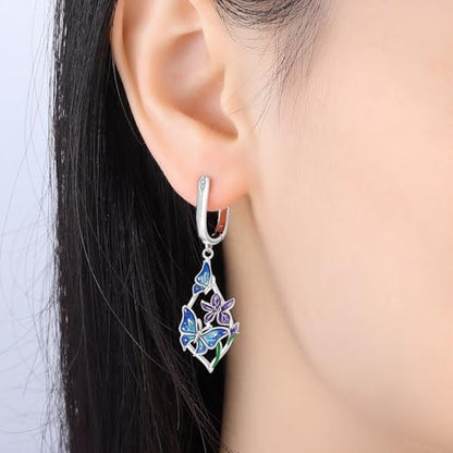 925 Sterling Silver Drop & Dangle Earrings for Women,Butterfly Dragonfly and Bee|Flower and leaf Earrings, Suitable for Sensitive Ears Fashion Jewelry Gift- Hypoallergenic Earrings - color: Butterfly Love Flower Earrings