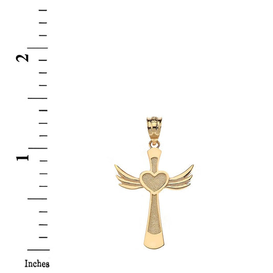 Winged Heart Cross Pendant Necklace Fine Real Solid 14Kt Gold - style: 14K Yellow Gold