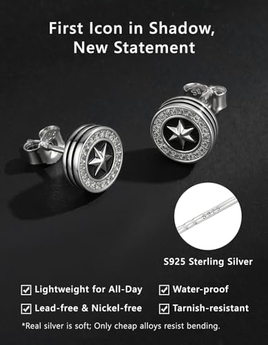 KRKC&CO Earrings for Men, Sterling Silver Earrings Studs, Hypoallergenic - color: Black G