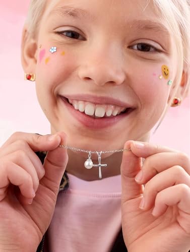 S925 Sterling Silver Cross Necklace for Girls, Baptism First Communion Confirmation Gifts, Pearl Heart Pendant Necklaces, Back to School Graduation Easter Birthday Faith Gift Age: Over 8 Years Old - style: Pearl Cross