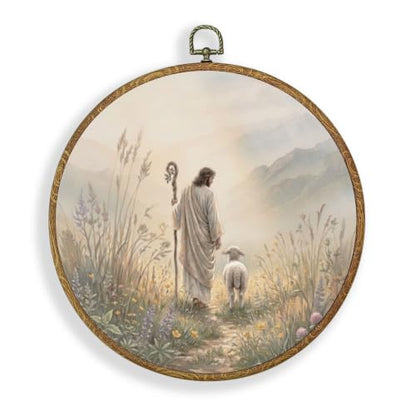 LERJZEFUH Jesus and Lamb Christian Round Wall Art Framed 10x10 Inch - color: God