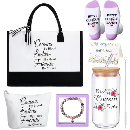 Pickmesh 7 Pack Cousin Gifts for Women, Thank You Best Cousin Ever Themed Gift for Birthday, Canvas Tote Bag, Makeup Bag, 16 oz Coffee Glass Cup, Socks, Stone Bracelet, Greeting Card and Box - style: Cousin