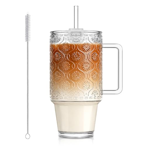 KEMORELA 24 Oz Ribbed Glass Tumblers with Lids and Straws, Tumbler Cup with Handle, Iced Coffee Glassware, Clear Reusable Drinkware for Smoothies and Beverages(1) - color: 24oz-Begonia