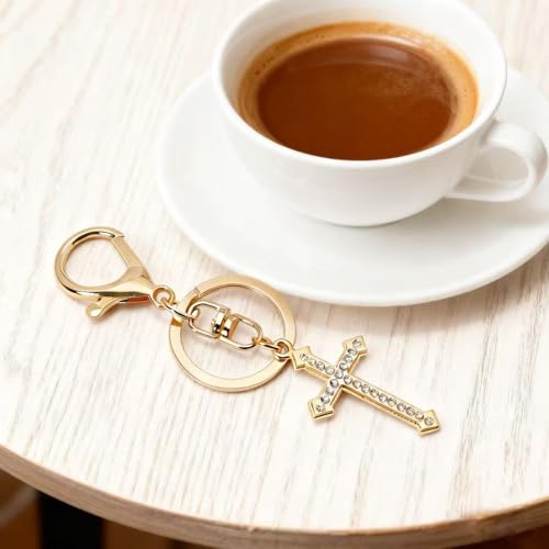 12 Pcs Christian Cross Keychains with Rhinestone-Religious Gifts - color: Golden