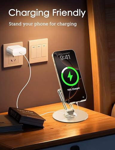 360° Rotating Cell Phone Stand for Desk, Adjustable Foldable Aluminum Phone Holder with Anti-Slip Base, Sturdy Desktop Stand Compatible with iPhone, iPad, Android Phones – Silver - color: Silver