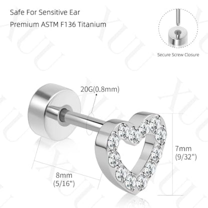XUU 20G Flat Back Stud Earrings ASTM F136 Titanium & Sparkling CZ - color: silver heart