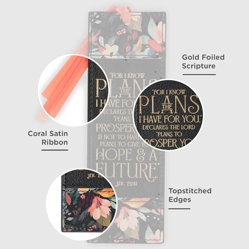 Christian Art Gifts Premium Faux Leather Bookmark: I Know the Plans - color: Black Multicolor Floral/Know the Plans