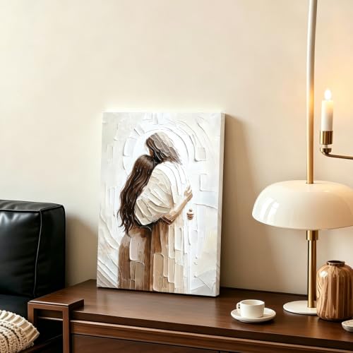 Christian Wall Art Framed Textured Jesus Canvas Embracing Woman 12x16 Inch - color: Jesus&Woman, size: 16"L x 12"W