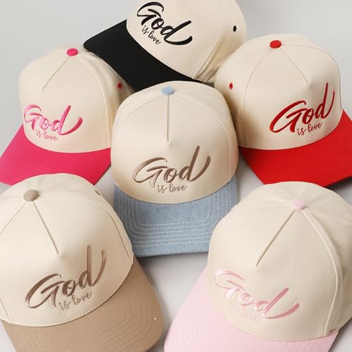MIRMARU Christian Theme 5 Panel Embroidered Cotton Trucker Hat with Inspirational Faith Sayings for Men and Women - color: God is Love, Beige